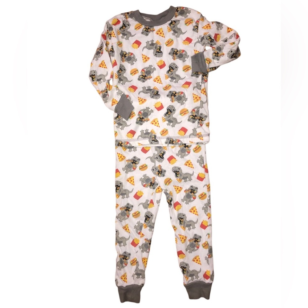 Swiggles White and Gray Pajama Set with Playful cheese burger dinosaur Print